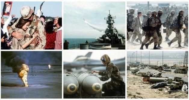 Montage of six photos depicting scenes from the first Gulf War