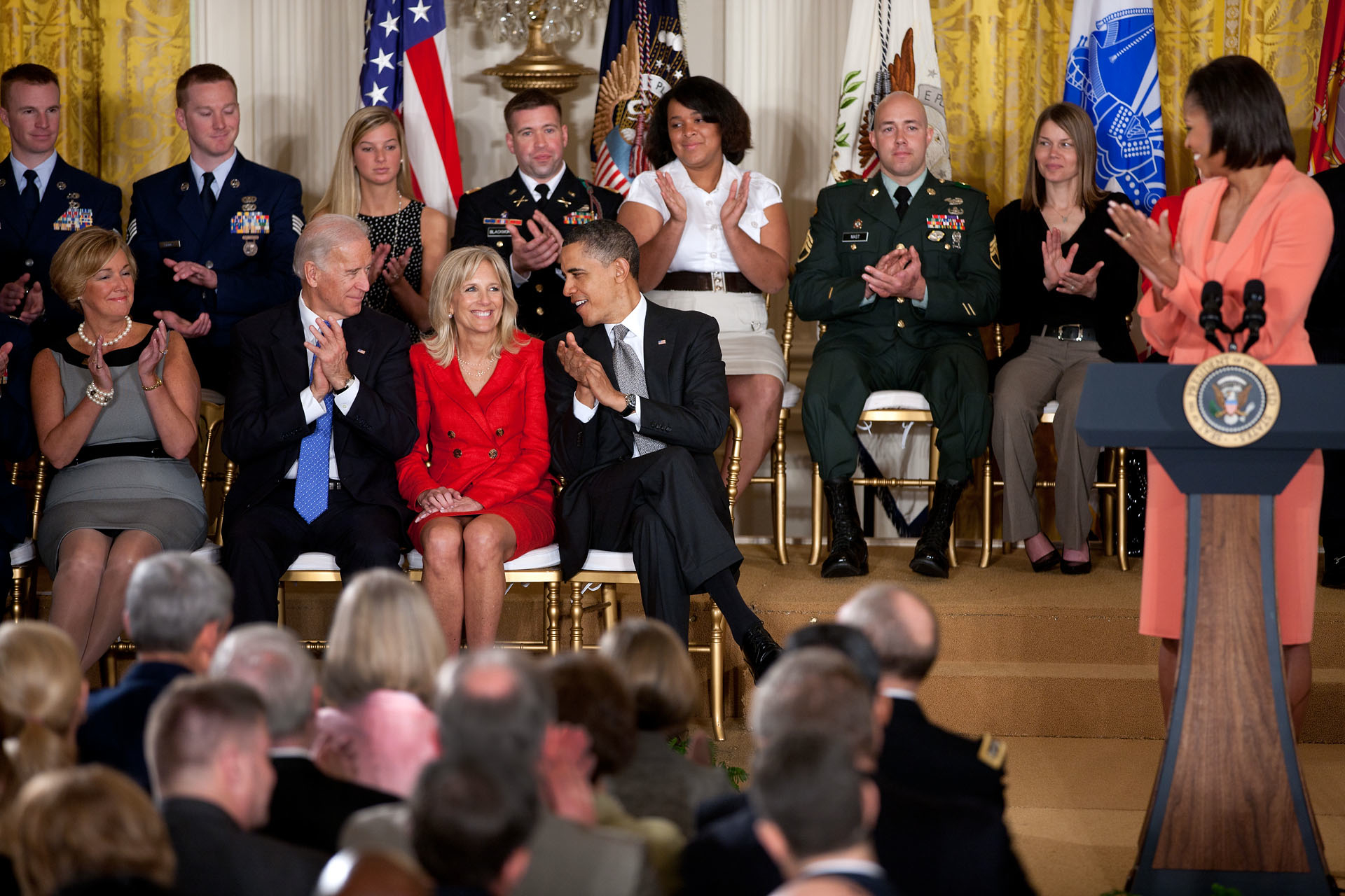 President Barack Obama, First Lady Michelle Obama, and Vice President Joe Biden acknowledge Dr. Jill Biden during the launch of the Joining Forces initiative to support and honor America’s service members and their families, in the East Room of the White House April 12, 2011. (Official White House Photo by Lawrence Jackson)