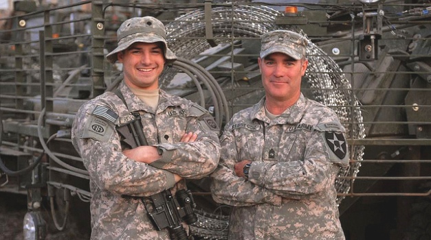 Two white male soldiers with arms folded posing for the picture