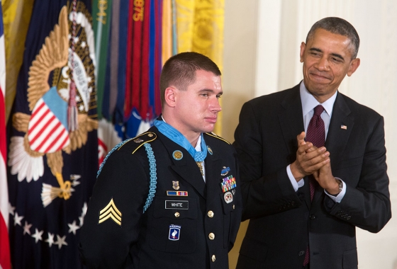 President Barack Obama applauds Sergeant Kyle J. White after awarding him the Medal of Honor during a ceremony in the East Room of the White House, May 13, 2014. (Official White House Photo by Chuck Kennedy) 