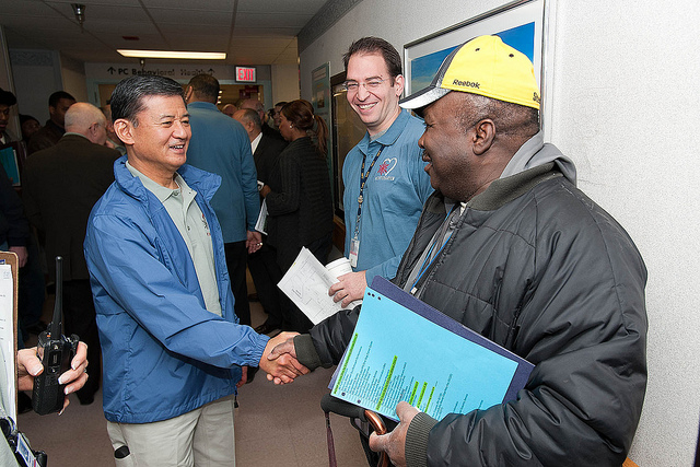 On January 22, 2011, the Secretary greeted and met some of the more than 400 metropolitan area homeless Veterans at the VA medical center's annual Winterhaven Homeless Stand Down in Washington, DC.  (VA photo/Andrew White)