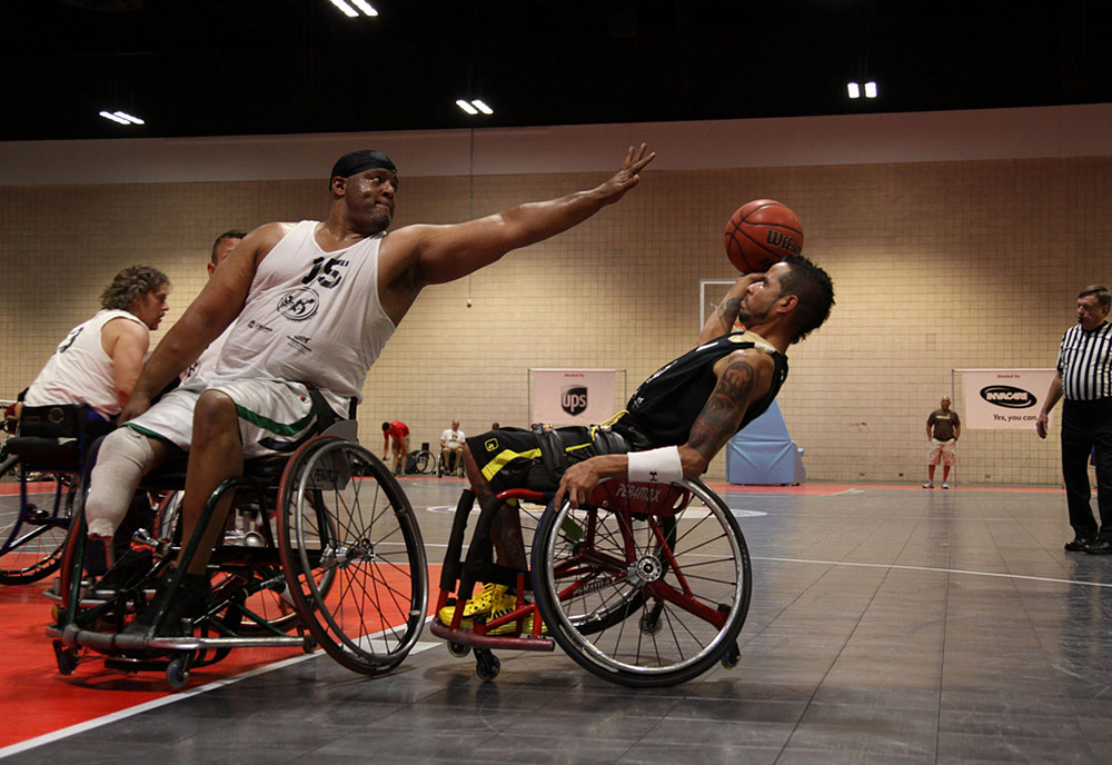 Competitors square-off on the basketball court during the National Veterans Wheelchair Games.
