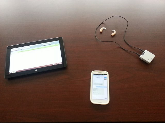 The technology on the patient’s end: a tablet with installed software, smartphone with installed app, Phonak hearing aids, and iCube bluetooth device.