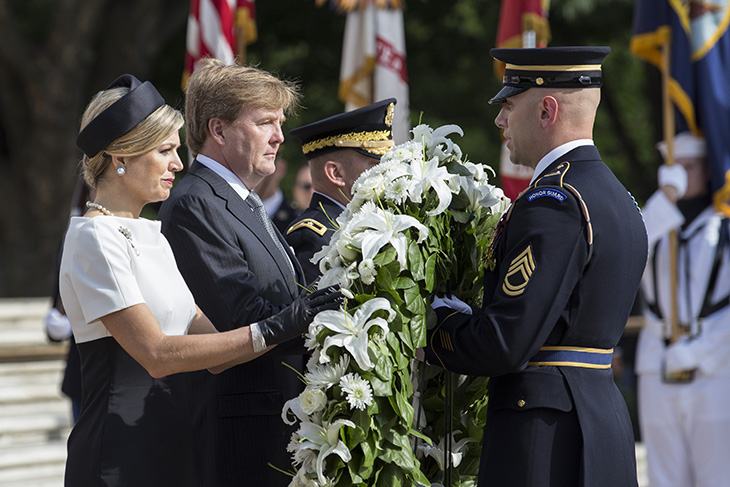 King Willem-Alexander and Queen Maxima of the Netherlands place a wreath at the Tomb of the Unknown in Arlington National Cemetery in honor of those who helped liberate their country during WWII.