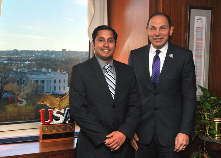 Naveed Shah met with VA Secretary Bob McDonald on Jan. 11, 2016. Shah, an advocate with Iraq and Afghanistan Veterans of America, will attend the 2016 State of the Union address. (Photo by Robert Turtil/U.S. Department of Veterans Affairs.)