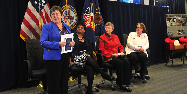 Image: Left to right: Linda Spoonster Schwartz, VA’s Assistant Secretary for Policy and Planning; Barbara Ward, director of VA’s Center for Minority Veterans; Karen S. Vartan, a program analyst in VA’s Navigation, Advocacy & Community Engagement; and Vice President of Vietnam Veterans of America and Bronze Star Medal recipient, Marsha Tansey Four, speak at last month’s Center for Women Veterans’ event at VA Central Office, Washington, DC. The event saluted women Veterans who served during the Vietnam War Commemoration period of Nov. 1, 1955, to May 15, 1975, and closed with an official pinning ceremony to recognize the Veterans in attendance who served on active duty during that period; each received a lapel pin with the inscription: “A grateful nation thanks and honors you.”