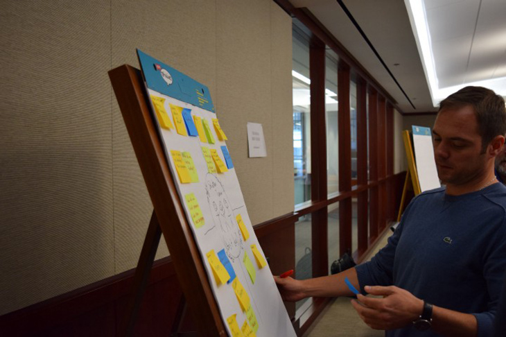 Image of a man infront of a posterboard with a bunch of post-it notes attached.