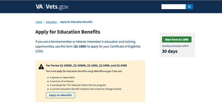 vets.gov application for education benefits webpage