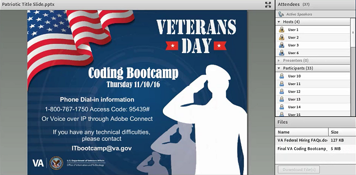 A screen capture of the coding boot camp webinar event.