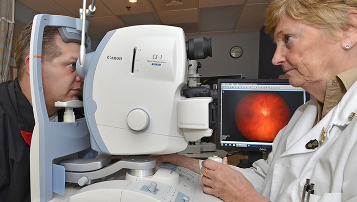 The Technology-based Eye Care Services program, developed by researchers at the Atlanta VAMC, allows patients to be checked for eyeglasses and screened for common eye diseases using special equipment and eye photographs at their local VA community-based outpatient clinic.(Photo courtesy of Atlanta VAMC)