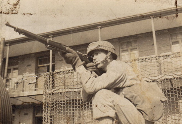 picture of Joe Farinholt, with his M1903 Springfield at Tidworth Barracks, England