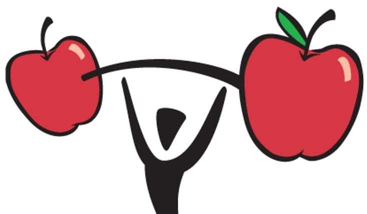 clip art of stick figure lifting a barbell made of giant apples.