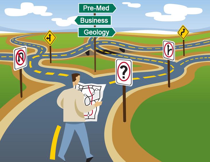Illustration of man in street at career crossroads, pondering which path to take