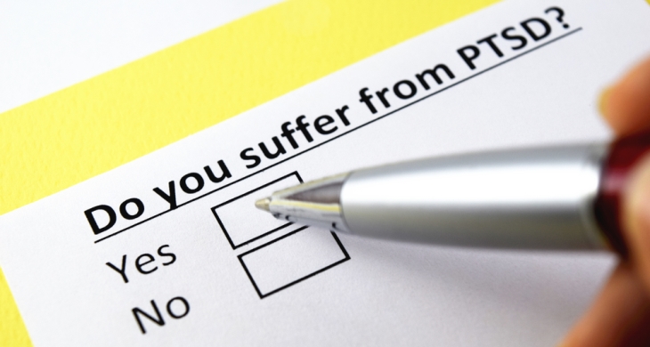 Image with the test "Do you suffer from PTSD" followed by two boxes marked "yes" and "no."