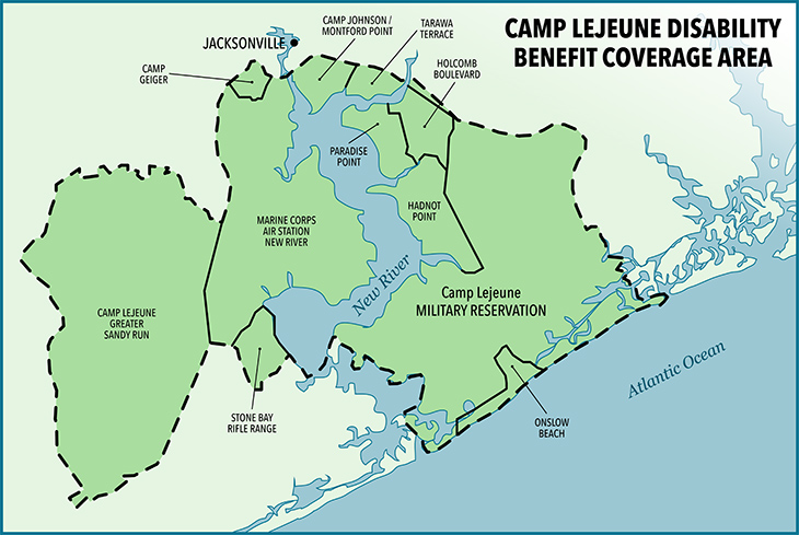  A map of the Camp Lejeune disability coverage area.