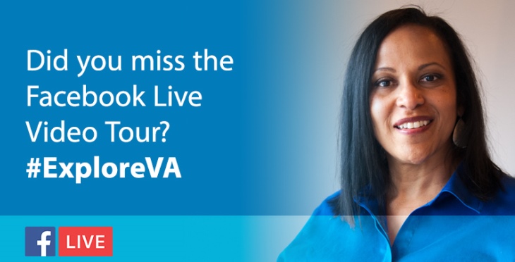 #ExploreVA graphic featuring a woman on a blue background.