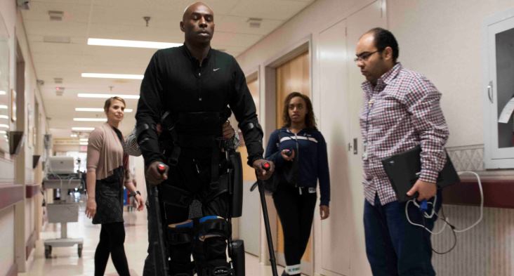 ReWalk – Army Veteran Eugene Simpson walks with the assistance of the ReWalk exoskeleton system in the Spinal Cord Injury unit of McGuire VA Medical Center in Richmond, Virginia. Simpson is one of several participants in a study at McGuire aimed towards using the ReWalk system to help gain independence and improve quality of life for paralyzed Veterans.