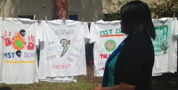 Images of hand painted t-shirts representing MST struggles for Sexual Assault Awareness Month (SAAM)