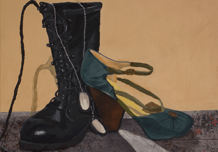 Art: A combat boot, a high-heeled shoe and a set of dog tags