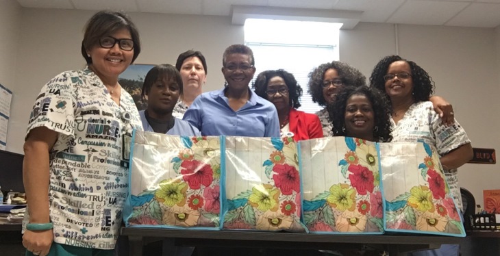 IMAGE: Hampton Home Telehealth staff give back to the community through donations to a local women’s shelter. Pictured (l-r) are: Janie Millete, Queen Berger, Mary Haagenson, Ruby Franklin, Jane Curtis, Frances Reid, Latashia Newsome, and Lisa Mercer