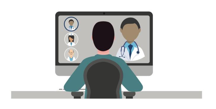 Clip art graphic of a Veteran using a commuter to video conference with a VA doctor
