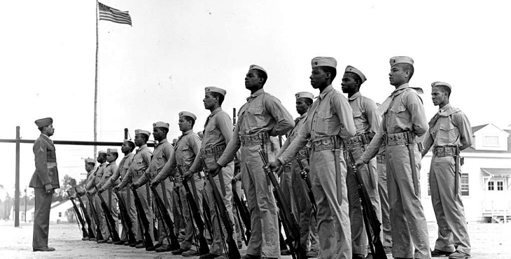 Photograph of African-American Marines standing in formation at Camp Montford Point.