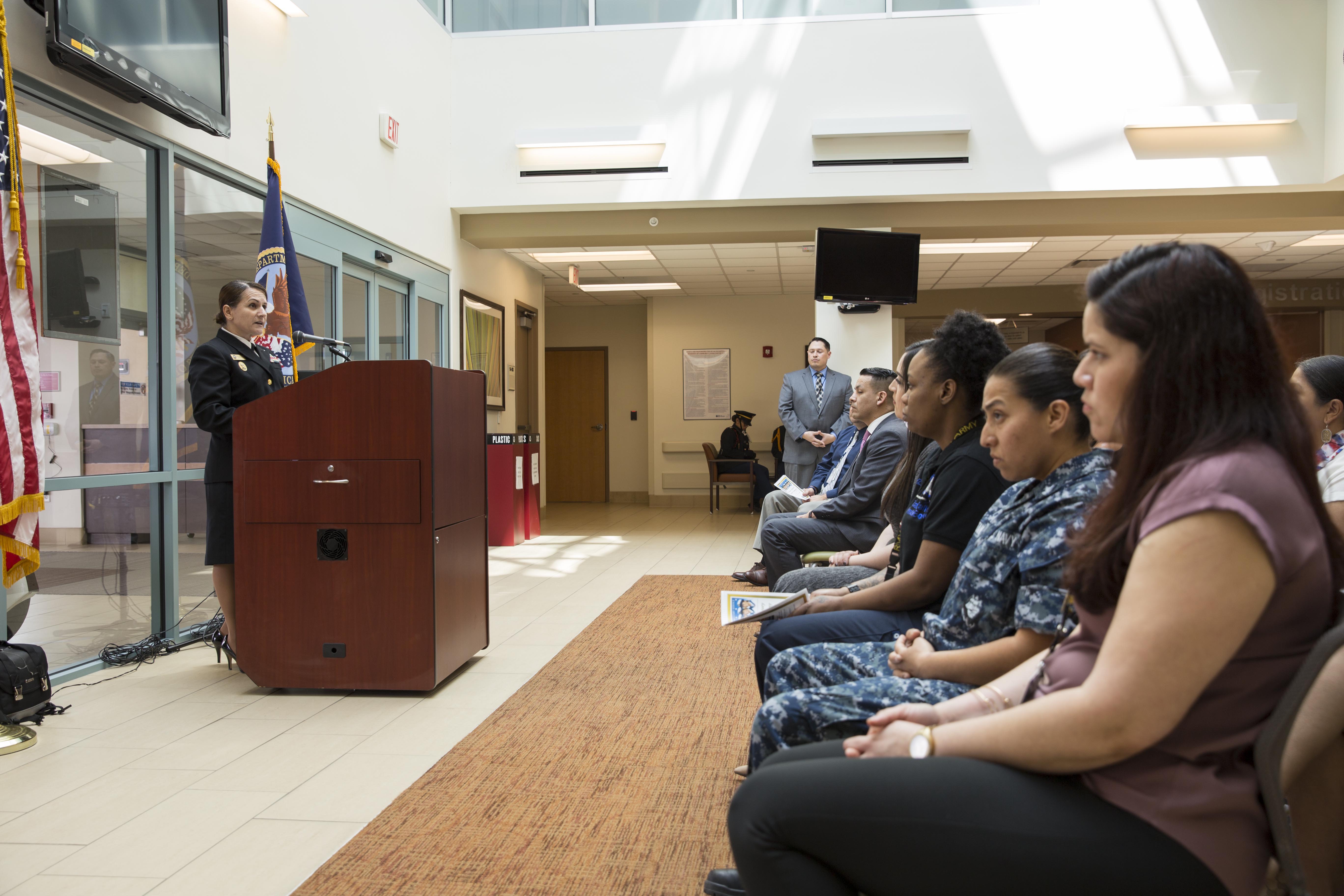Chief Petty Officer Teresita Garcia the senior enlisted leader at the Navy Operational Support Center in Harlingen, Texas, delivers her speech to people attending VA Texas Valley Coastal Bend Health Care System's ceremony in observance of national Women's History Month, which took place March 2, 2018, at the VA Health Care Center at Harlingen, Texas. The ceremony was held in honor of Women Veterans and was attended by more than 200 people. Chief Garcia spoke about some of barriers broken and milestones achieved by U.S. Women Veterans. (U.S. Department of Veterans Affairs photo/Luis H. Loza Gutierrez)