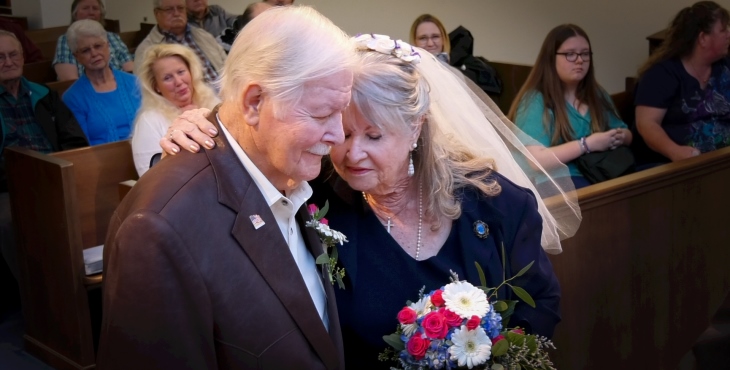 IMAGE:Veteran Paul Brown, 81, married Juanita Ratliff, 81, in front of a small gathering of friends and family in the medical center’s chapel.