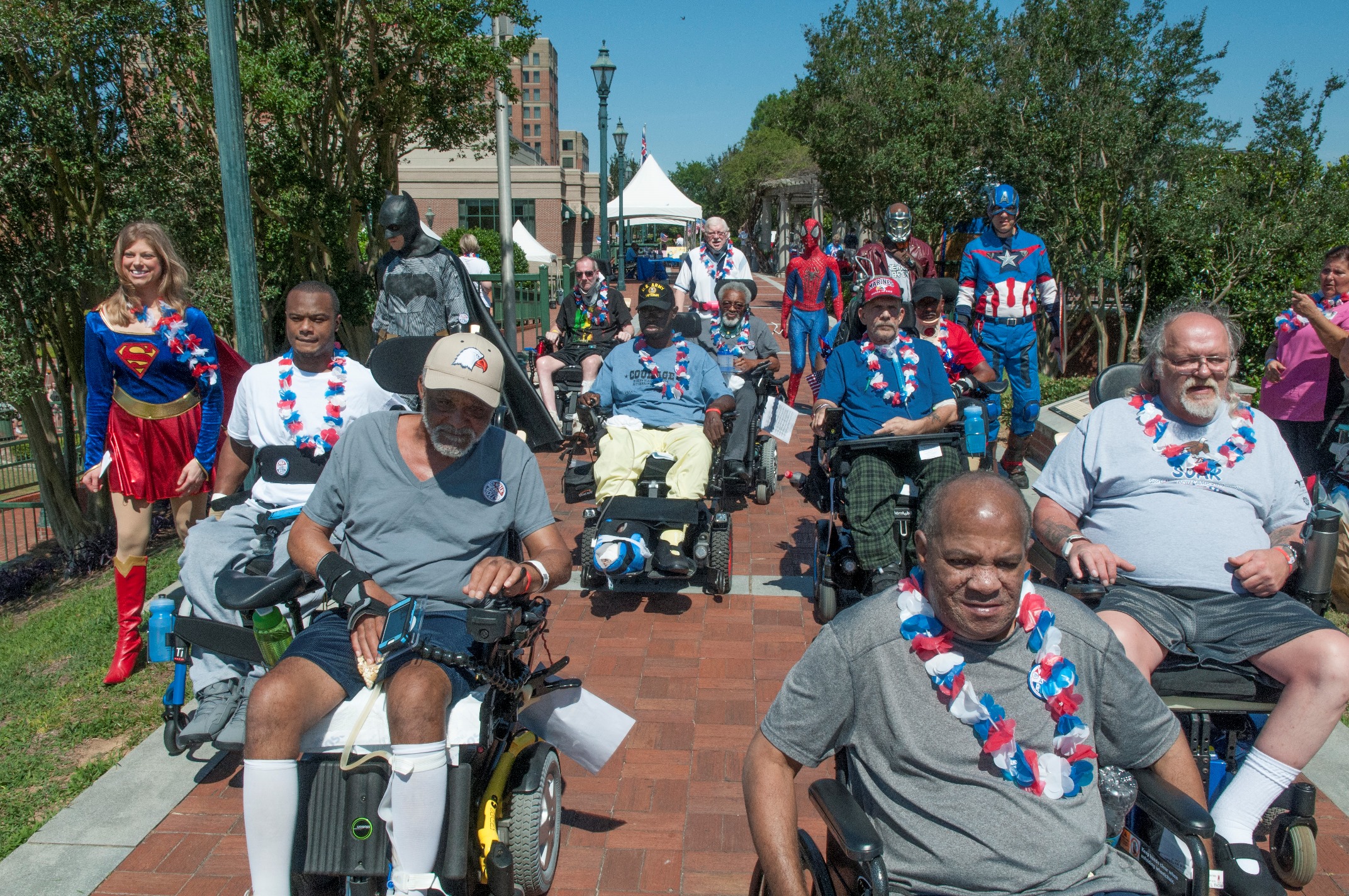 With VA employees dressed in super hero costumes, Veterans at the Charlie Norwood VA Medical Center in Augusta, Ga., participate in the 2017 VA2K Walk & Roll event. The event is held annually VA locations across the country to help promote active lifestyles and help local homeless Veterans.