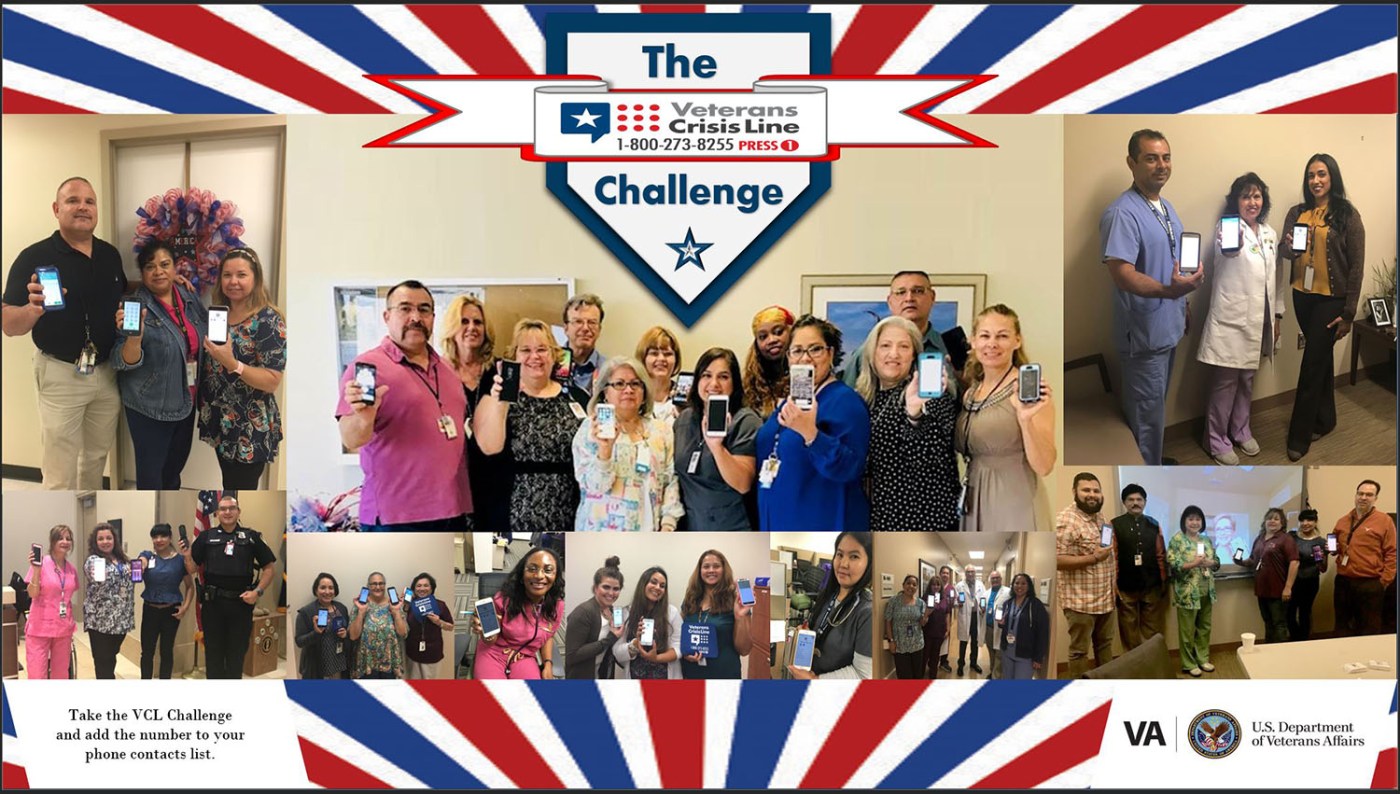 Employees at VA Texas Valley Coastal Bend Health Care System, show that they have completed the VCL Challenge by holding up their phones to show that they've added the Veterans Crisis Line number to their contacts list during July 2018. Individuals or groups can complete the VCL Challenge and add the Veterans Crisis Line number 1-800-273-8255 and Press 1 to their phone contacts list. It could save their life or the life of a Veteran they may know. (U.S. Department of Veterans Affairs photos by Nicole Theriot, Elia E. Davila, Melinda Leo-Rodriguez, Claudia Ginez and Tasia Hill were used for VA photo collage by Luis H. Loza Gutierrez)