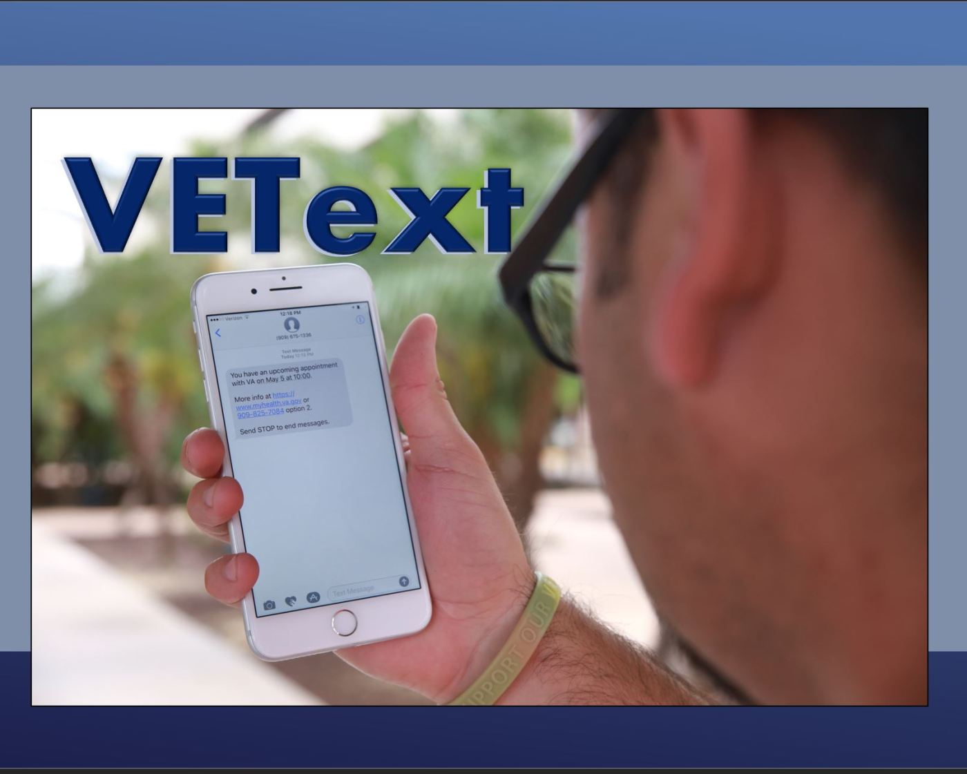 Using VEText, a local Veteran looks at the screen of a smart phone to read a recent text received April 30, 2018. (U.S. Department of Veterans Affairs photo illustration by Reynaldo Leal)