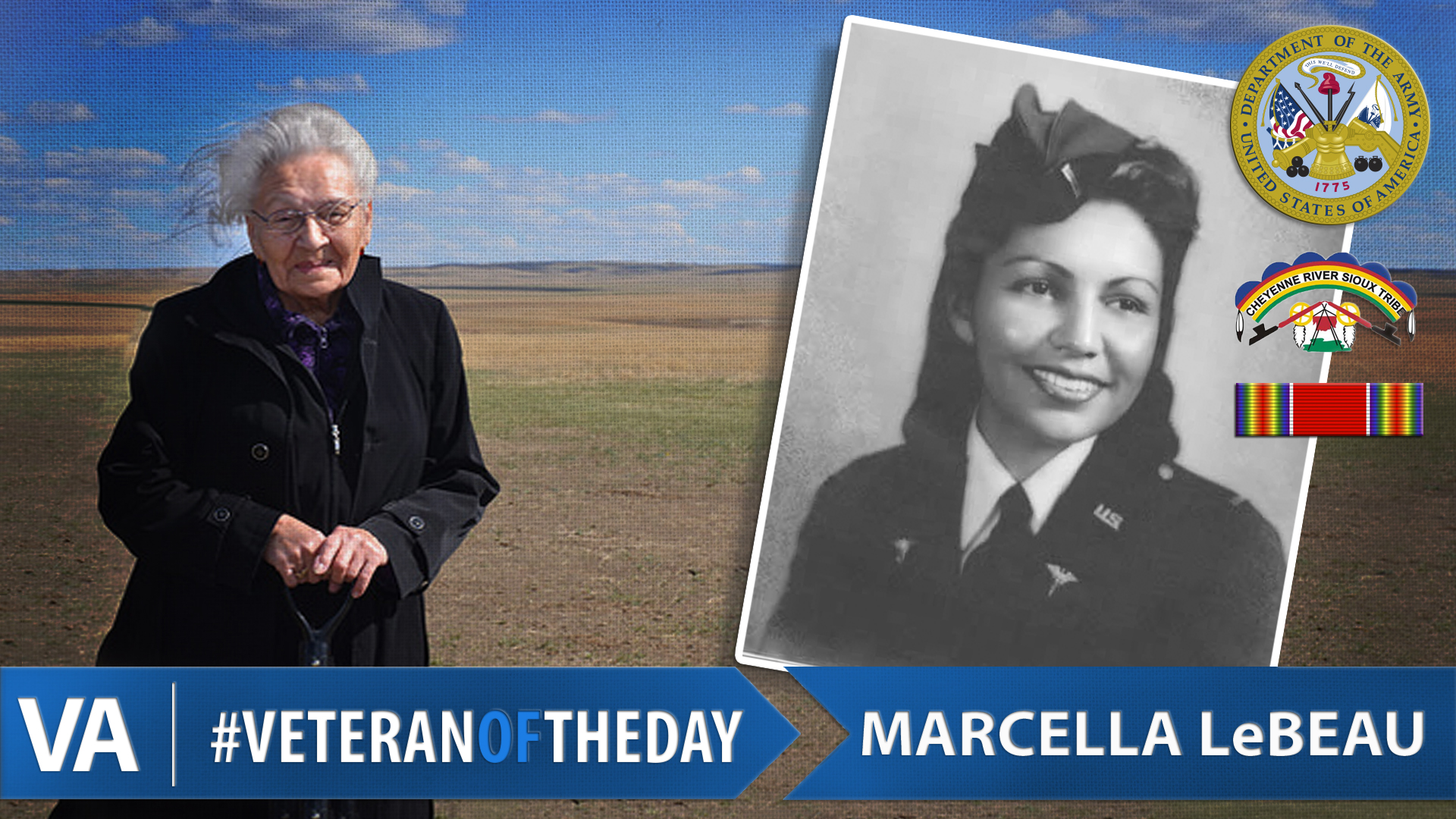 graphic shows Veteran Marcella LeBeau standing in a field. Text reads: VA - #VETERANOFTHEDAY - Marcella LeBeau