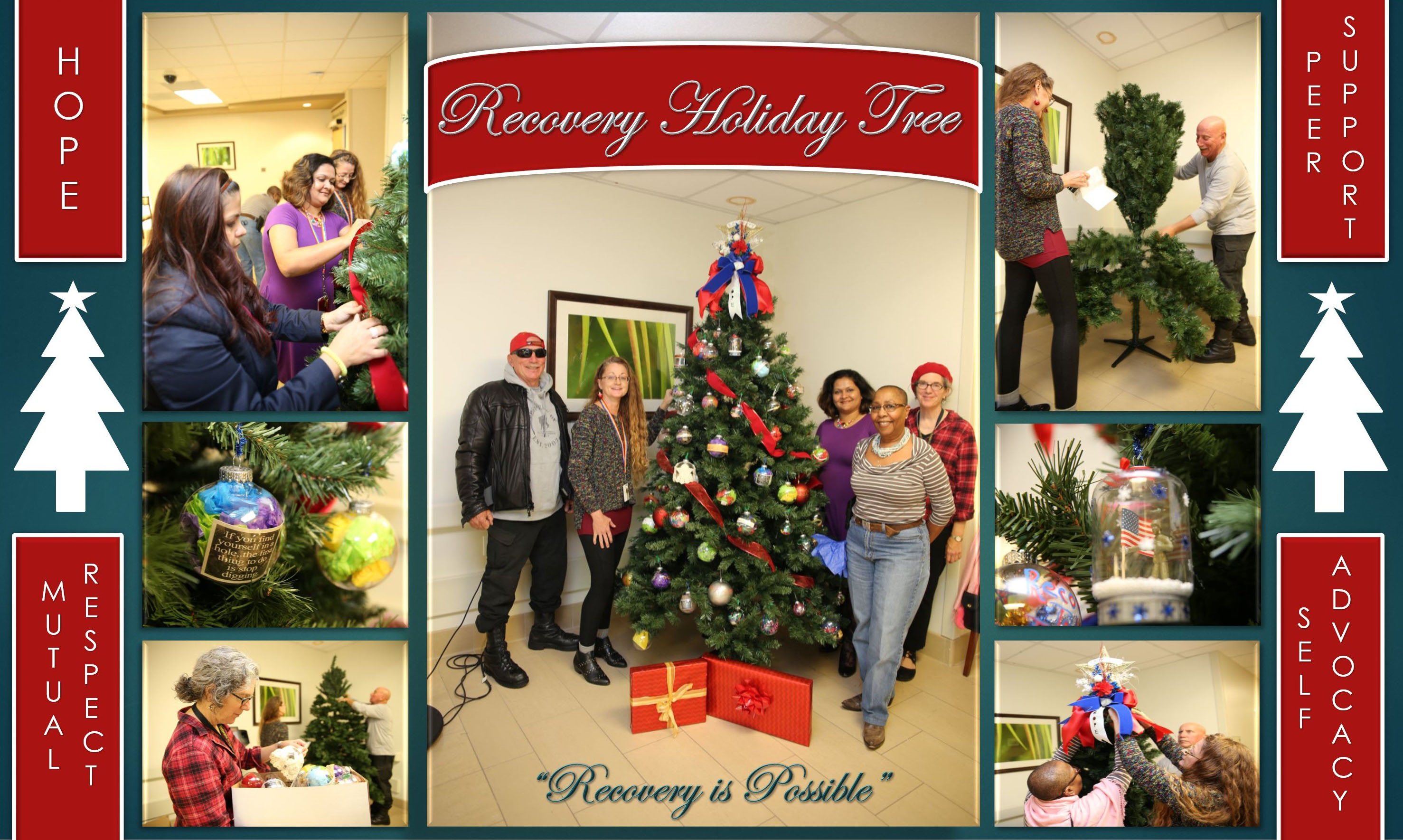 Photo collage of VA Texas Valley Coastal Bend Health Care System (VCB) employees and Veterans participating in the Recovery Holiday Tree Project at the VA Health Care Center at Harlingen, Texas, on December 11, 2018. (U.S. Department of Veterans Affairs photos and photo collage by Luis H. Loza Gutierrez)
