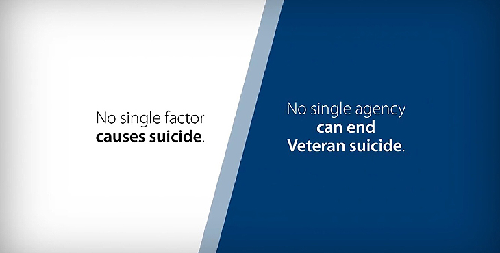 Blue and white graphic - Text reads: No single factor causes suicide. No single agency can end Veteran suicide.