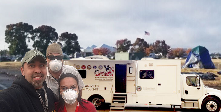 Composition photo showing Chico Vet Center Staff, a mobile vet center truck, and tents from the Camp Fire