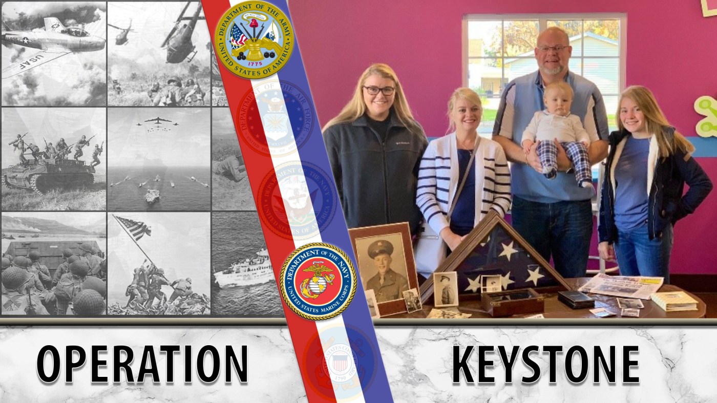 Graphic shows a family being who has received a returned medal from a relative. Text reads: Operation Keystone