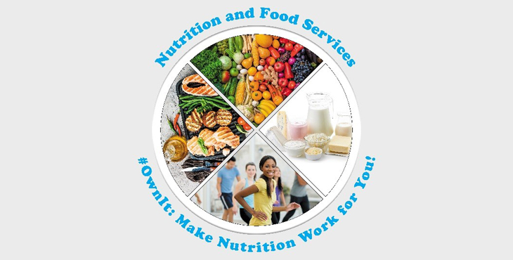 National Nutrition Month graphic - shows various pictures of food as well as people exercising - text reads - Nutrition and Food Services - #OwnIt: Make Nutrition Work for You!