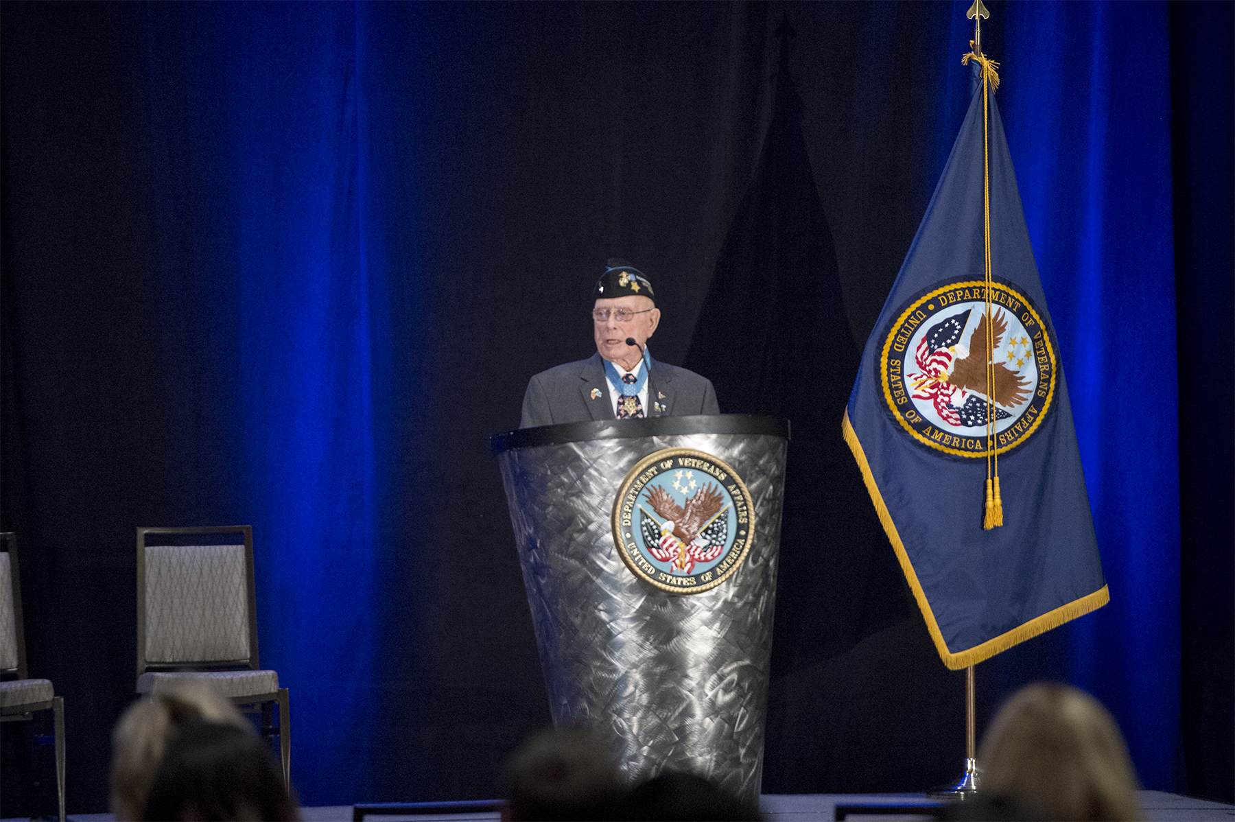 Herschel "Woody" Williams, Medal of Honor Recipient addresses crowd at the VA PX Symposium.