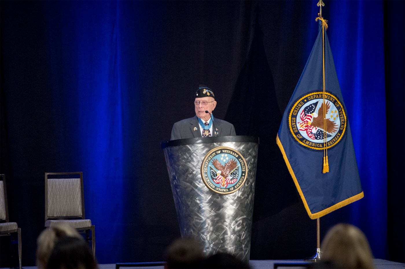 Herschel "Woody" Williams, Medal of Honor Recipient addresses crowd at the VA PX Symposium.