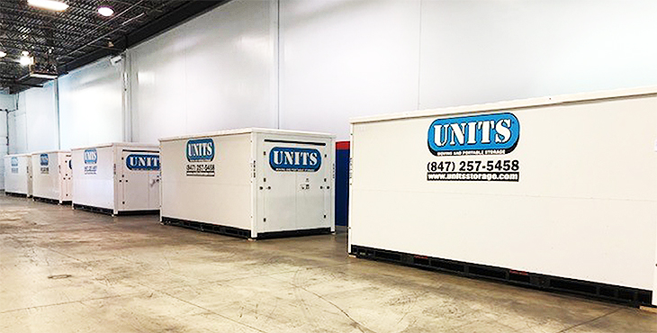 Picture of a warehouse with multiple portable storage units