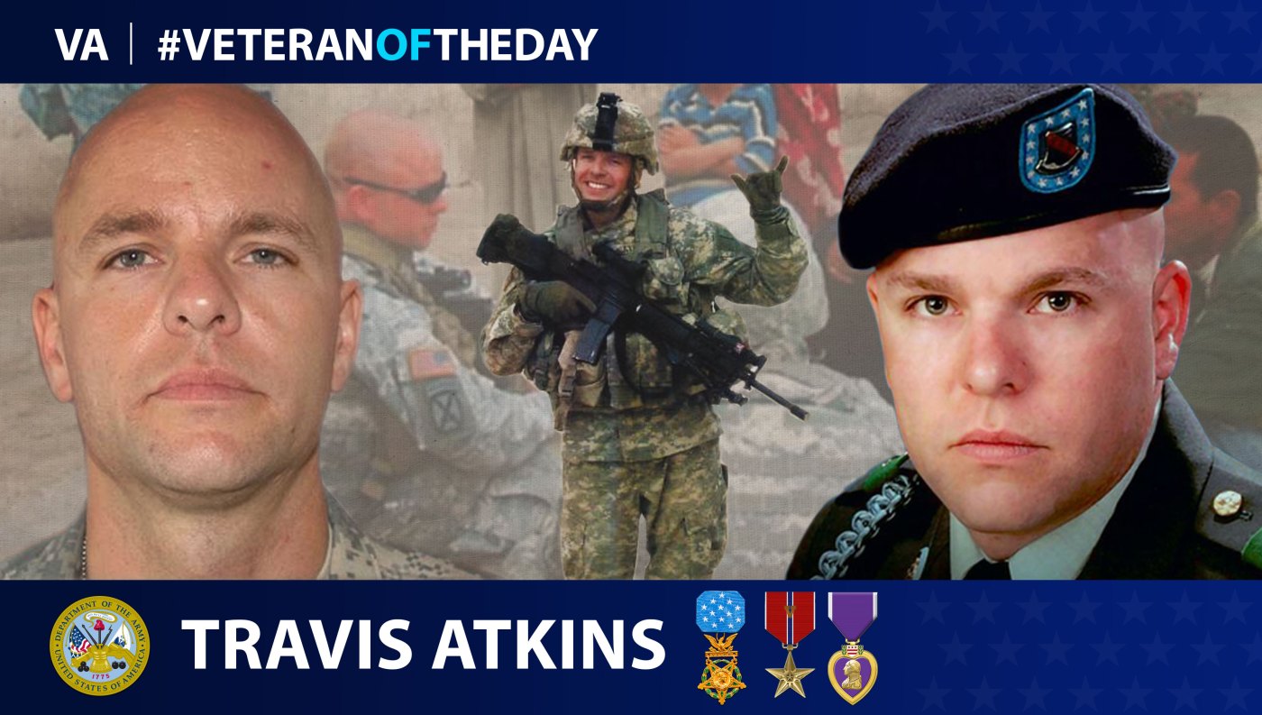 Veteran of the Day graphic for Army Veteran Travis Atkins.