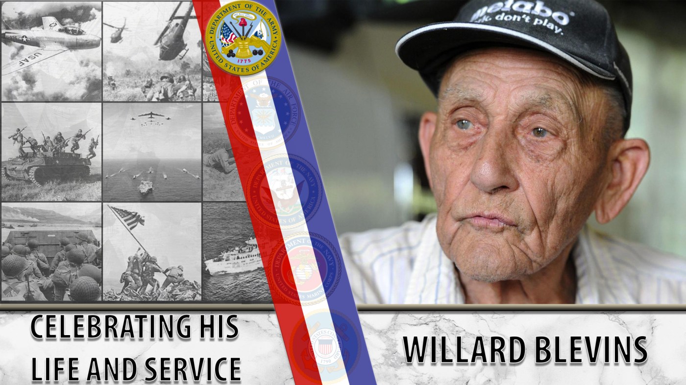Graphic featuring Willard Blevins - text reads: Celebrating his life and service - Willard Blevins
