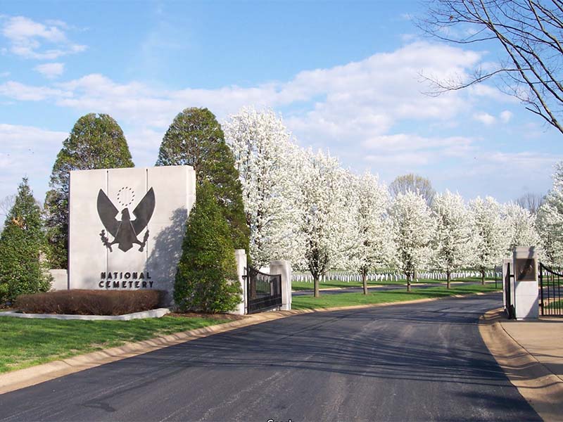 The main entrance to Jefferson Barracks National Cemetery in St. Louis, Missouri.