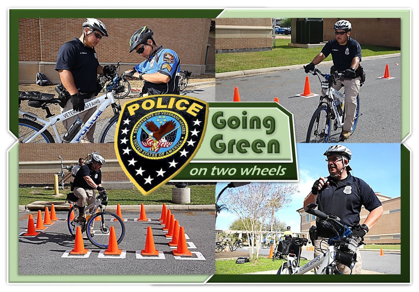Police officers at VA Texas Valley Coastal Bend Health Care System (VCB) are helping the environment by going green on two wheels with the addition of bicycle patrols. (VA photo illustration by Luis H. Loza Gutierrez)