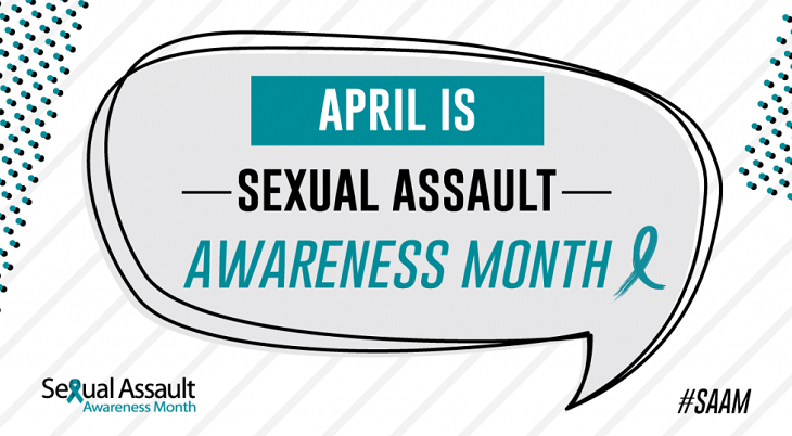 Speech bubble reading: “April is Sexual Assault Awareness Month”