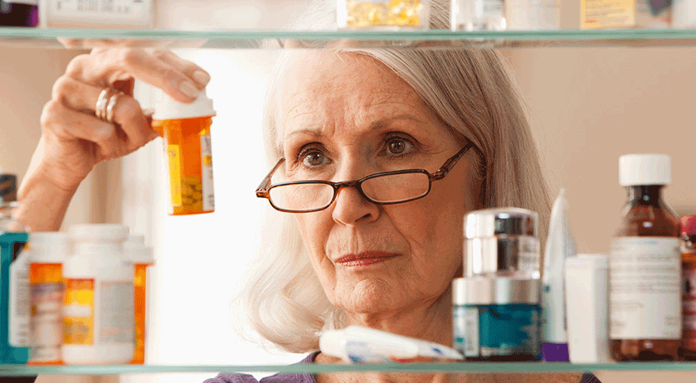 lady with prescription medication checking expiration dates
