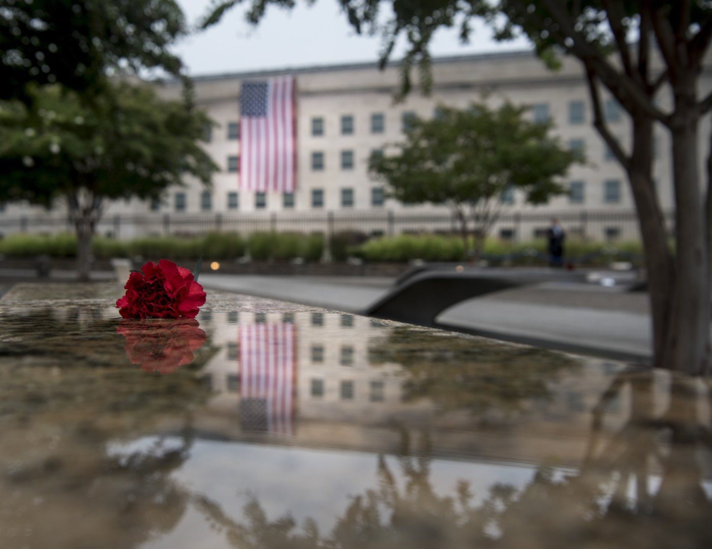 A red flower sits atop of every bench to remember the fallen on Sept. 11, 2001.