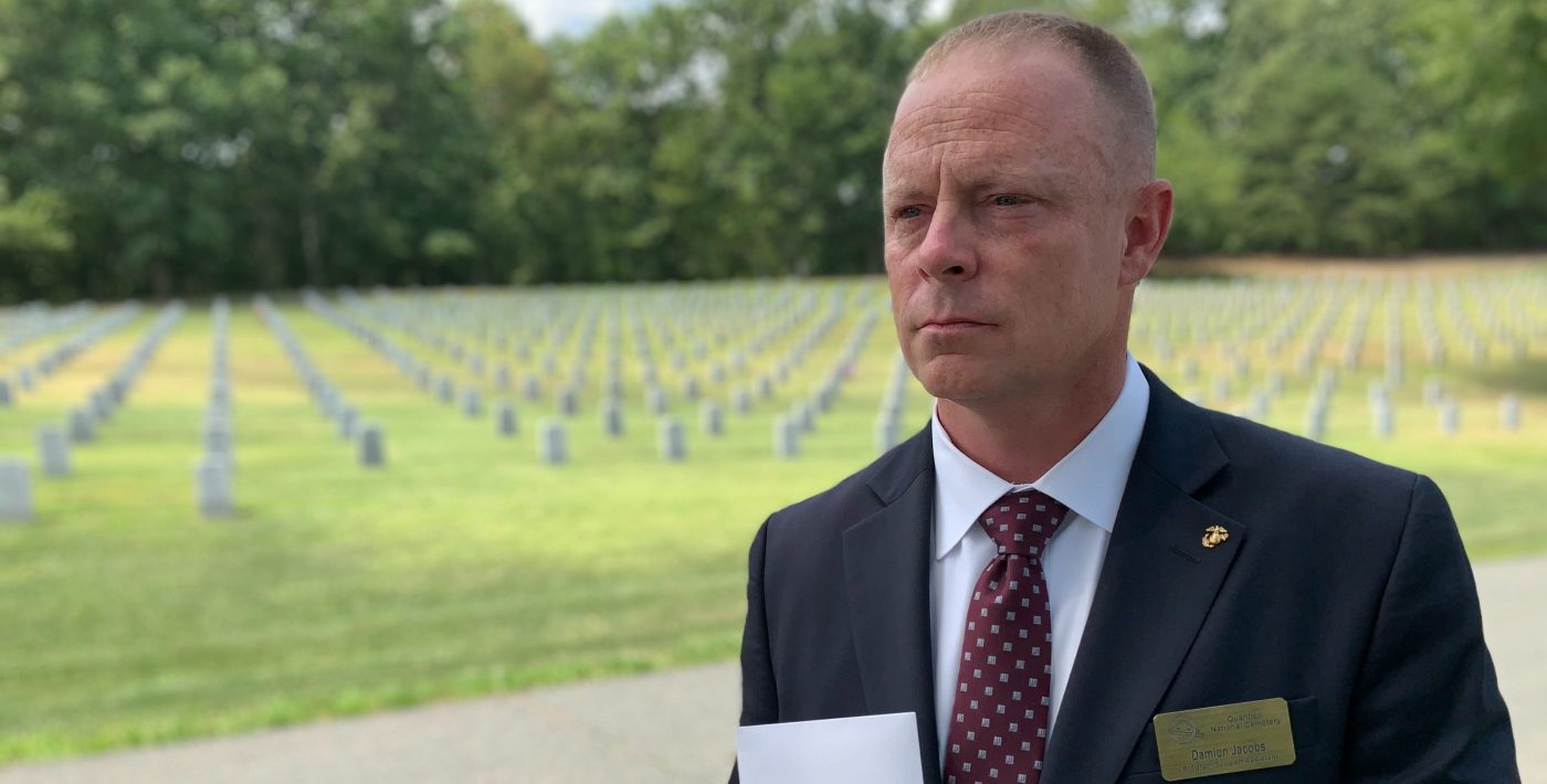 Marine Corps Veteran and Purple Heart recipient Damion Jacobs assists Veteran families at Quantico National Cemetery as a program support assistant.