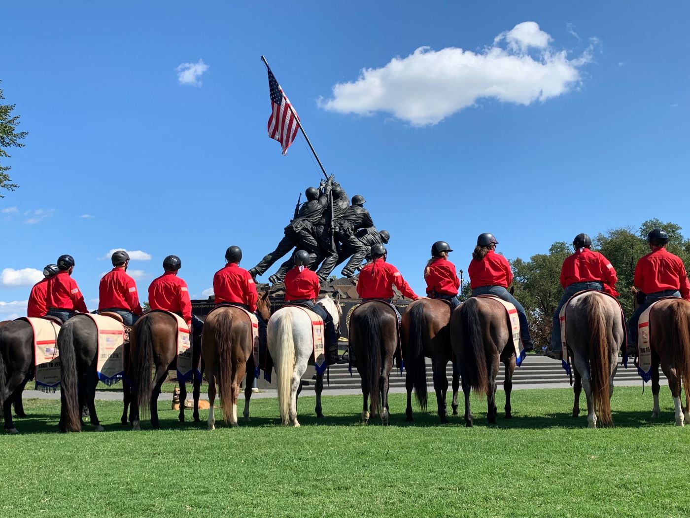 BraveHearts riders stop in front of the Marine Corps War Memorial during the Trail to Zero ride in Northern Virginia Sept. 7, 2019.