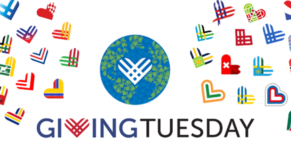 A GivingTuesday logo with many small flags in the shape of hearts
